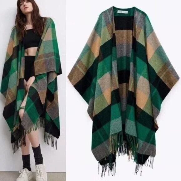 Zara Jackets & Blazers - Zara Green Black Plaid Fringe Blanked Poncho Cape Womens Size M Medium